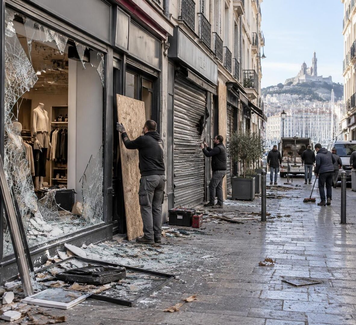à marseille, des commerçants du centre-ville découvrent au petit matin leurs boutiques pillées et constatent l’ampleur des dégâts.